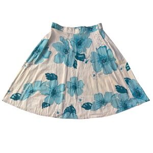 Y2K Capri Blue Floral A-Line Skirt White Cotton Blend Lace Trim Size 10 Spring
